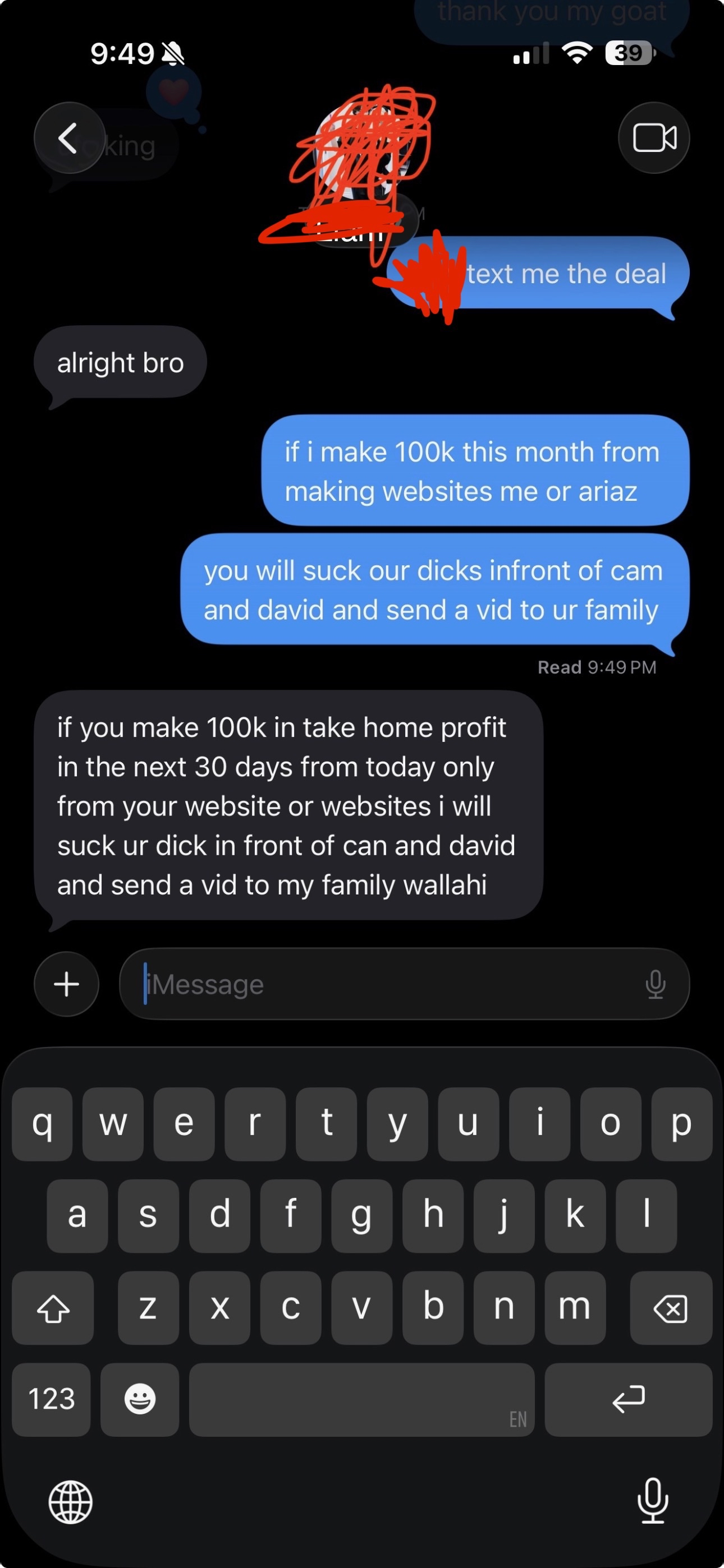 Screenshot of the text conversation where Liam made the bet